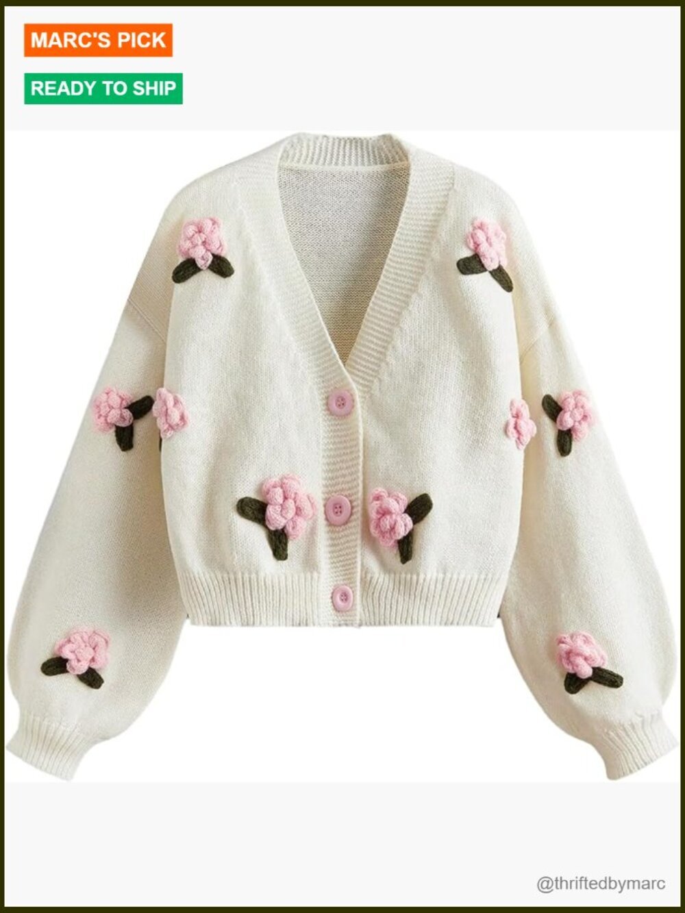 V-Neck Button Up Cardigan Long Sleeve Floral Knit Sweater Coat